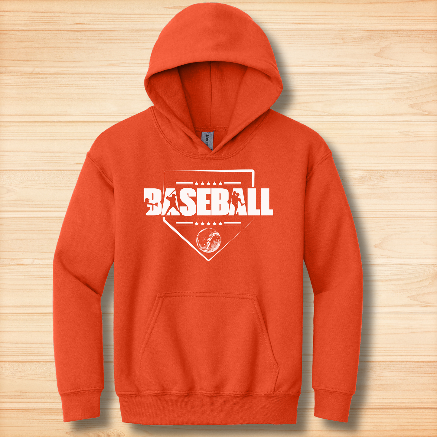 Orange hoodie with 'BASEBALL' print on a wooden surface