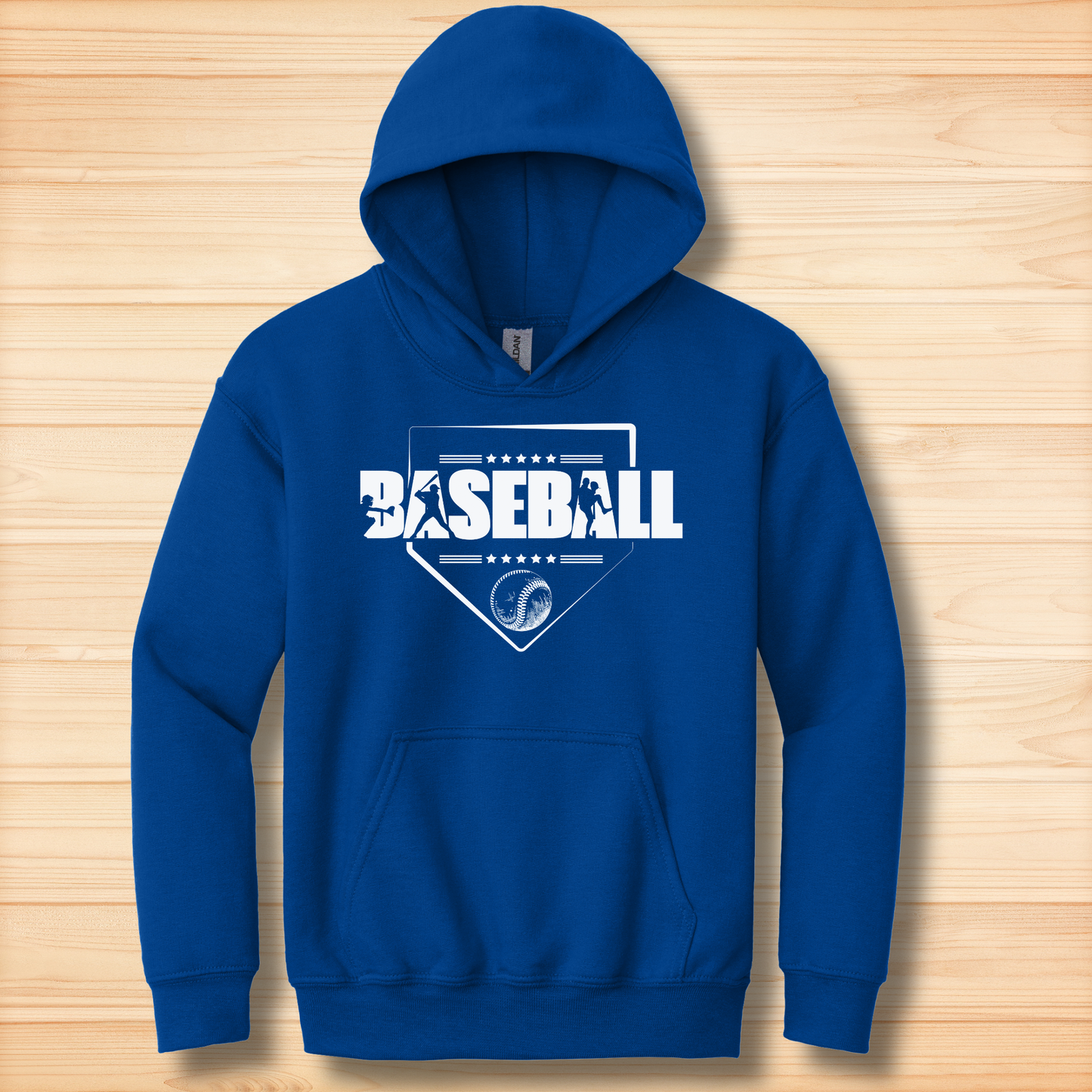 Blue hoodie with 'BASEBALL' design on a wooden surface