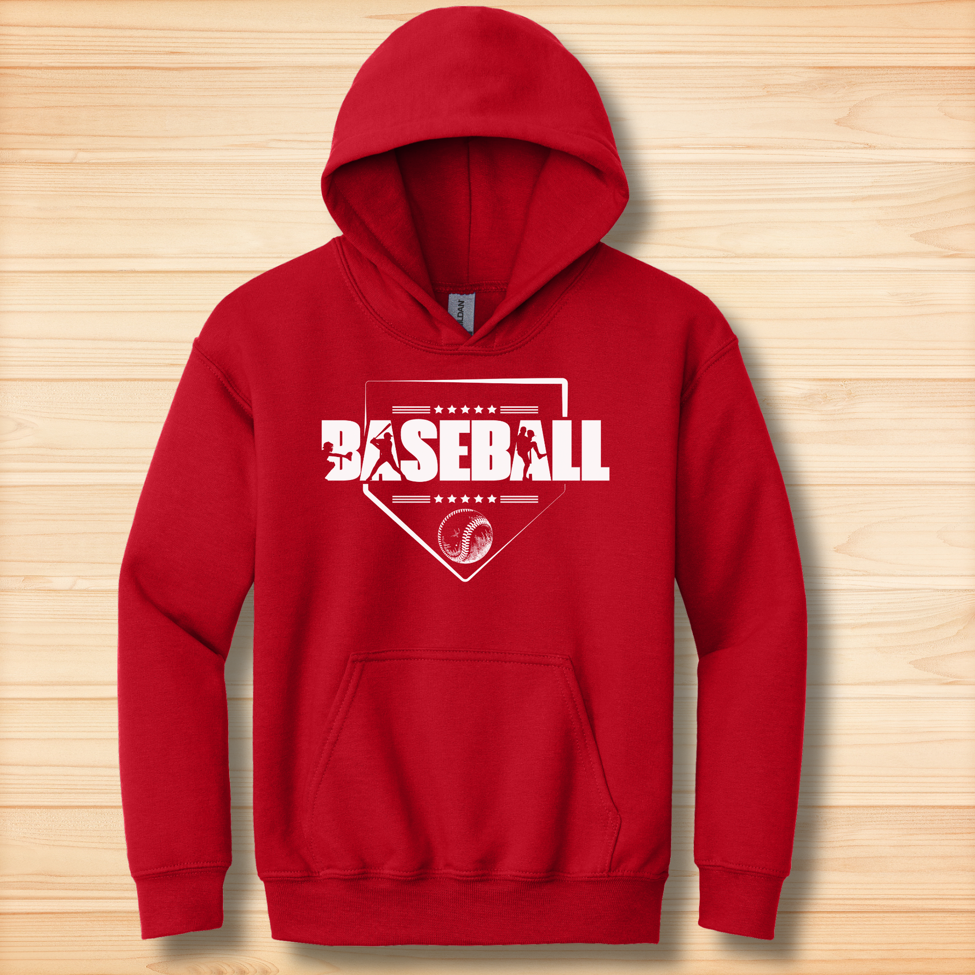 Red hoodie with 'BASEBALL' design on a wooden surface