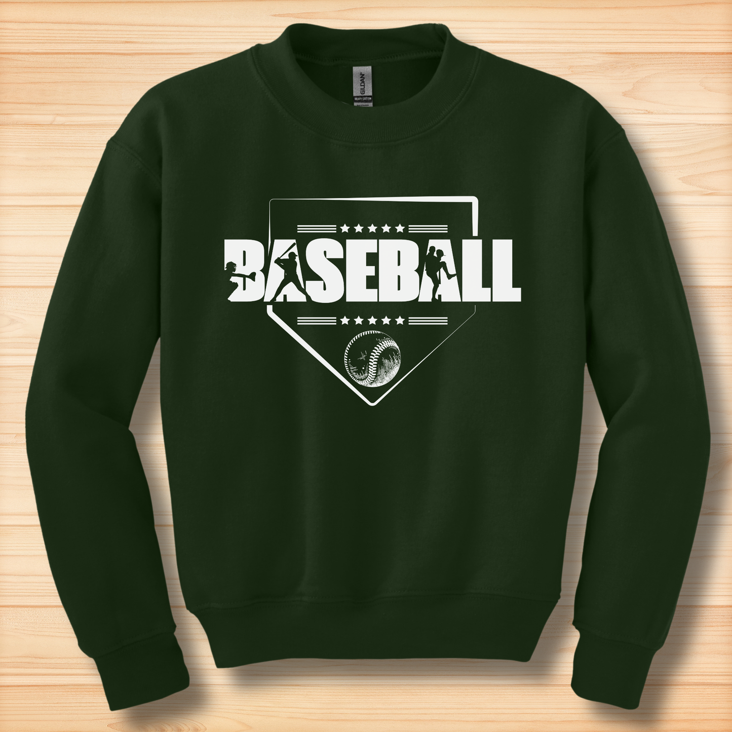 Dark green sweatshirt with 'BASEBALL' design on a wooden surface