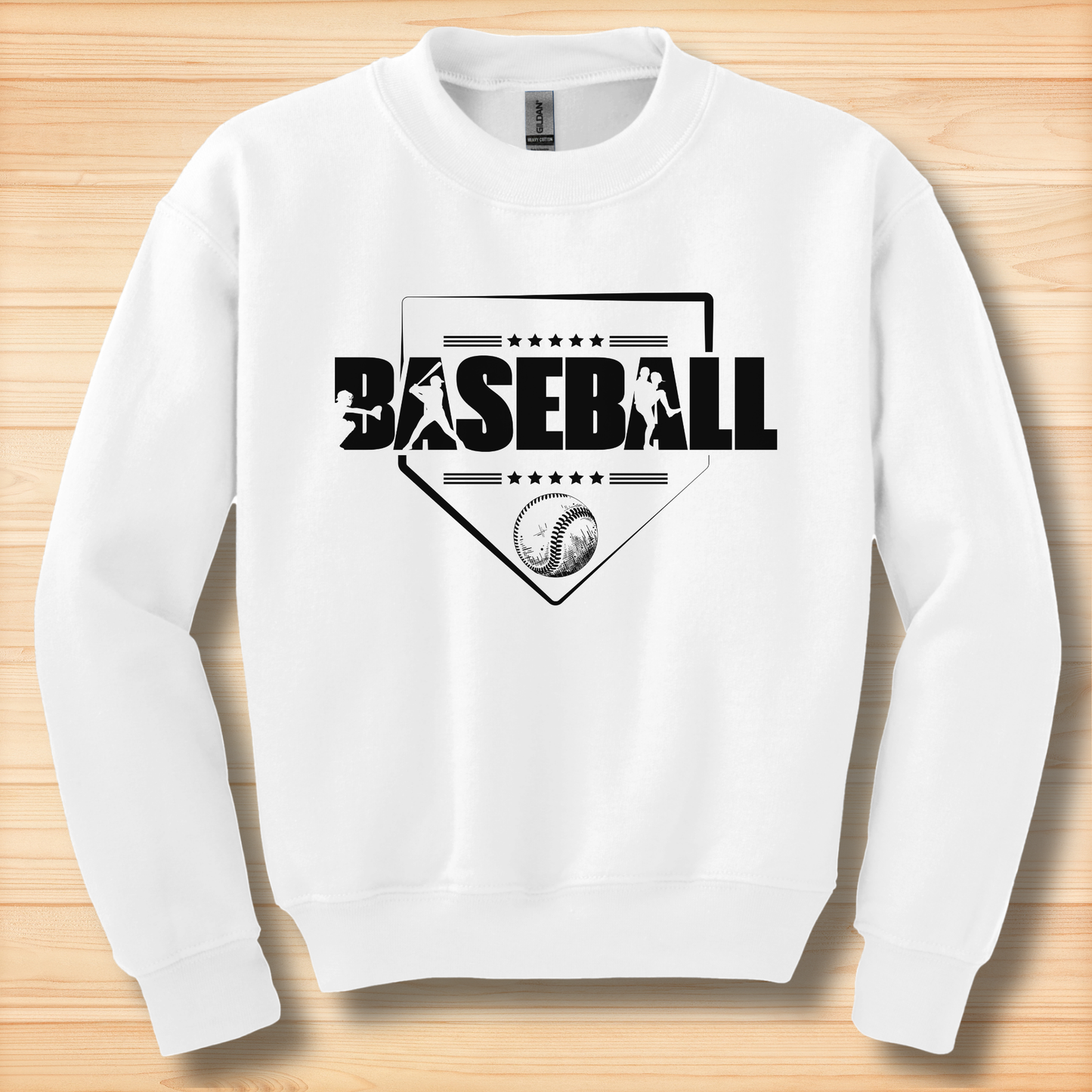White sweatshirt with black 'BASEBALL' graphic on a wooden surface