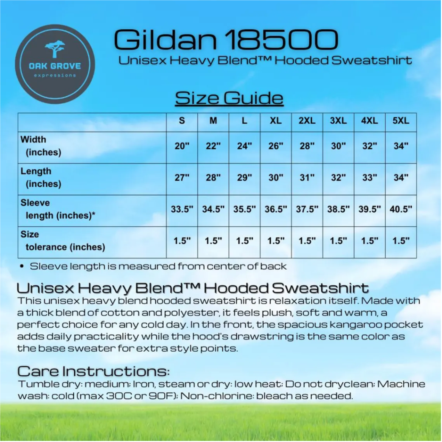 Gildan 18500 Unisex Heavy Blend Hooded Sweatshirt size guide with specifications and care instructions.