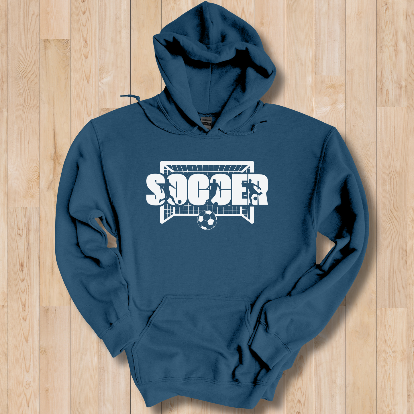 Blue hoodie with 'Soccer' design on a wooden floor