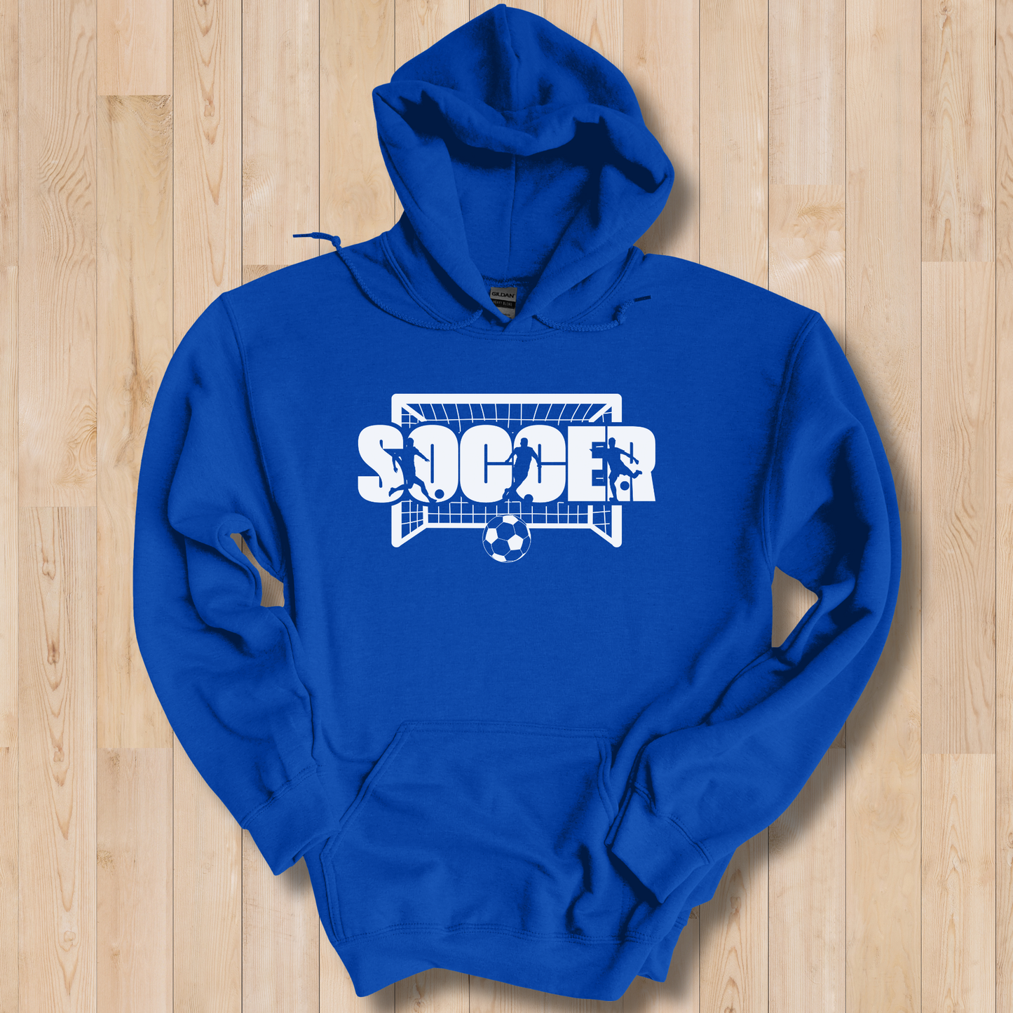 Blue hoodie with 'Soccer' graphic on a wooden floor