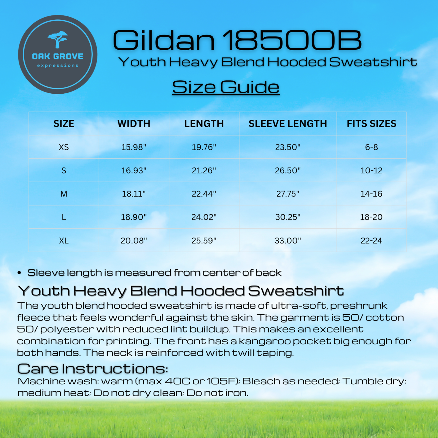 Gildan 18500B Youth Heavy Blend Hooded Sweatshirt size guide with specifications and care instructions.