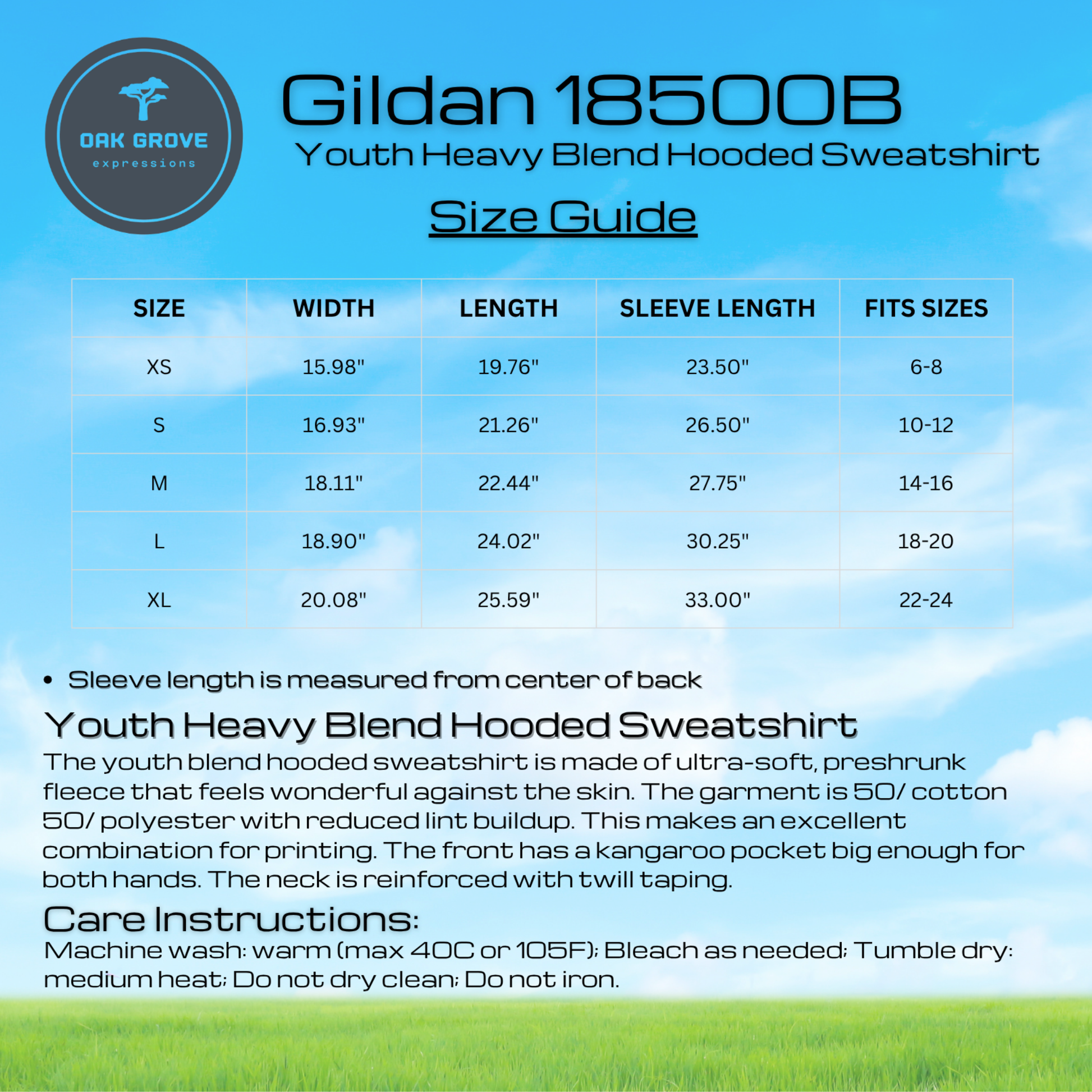 Gildan 18500B Youth Heavy Blend Hooded Sweatshirt size guide with specifications and care instructions.