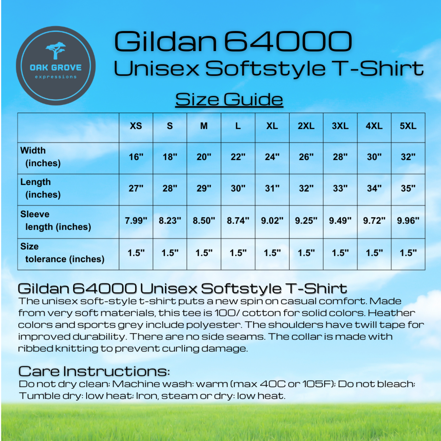 Gildan 64000 Unisex Softstyle T-Shirt size guide with specifications and care instructions.