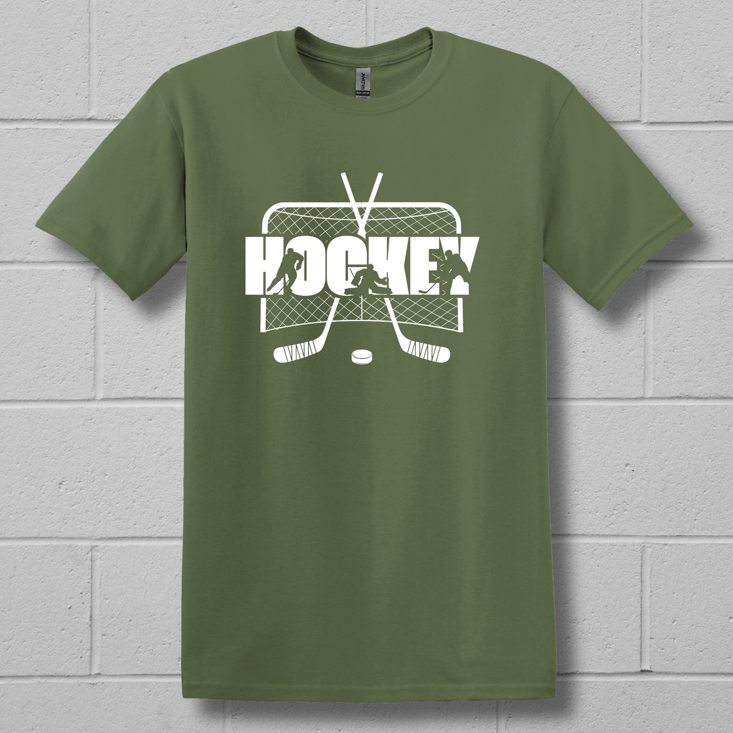 Green t-shirt with hockey graphic design on a brick wall background