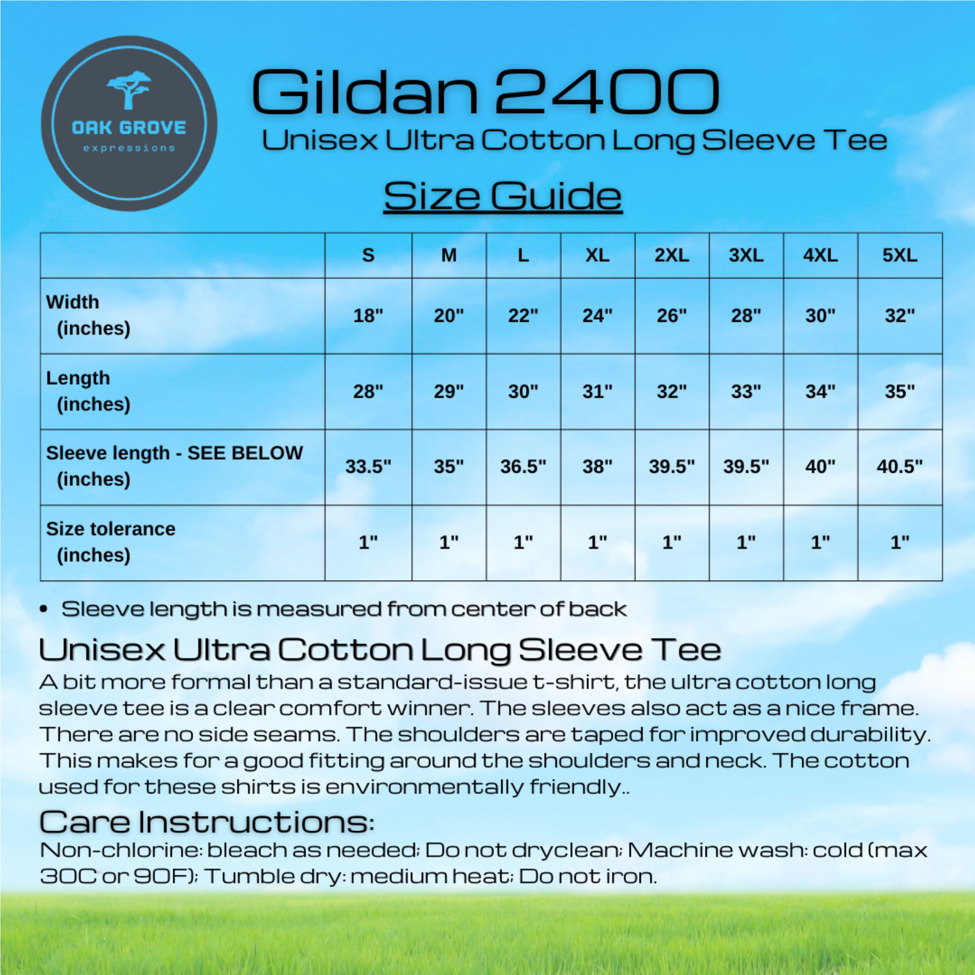 Gildan 2400 size guide for unisex ultra cotton long sleeve tee with brand logo.