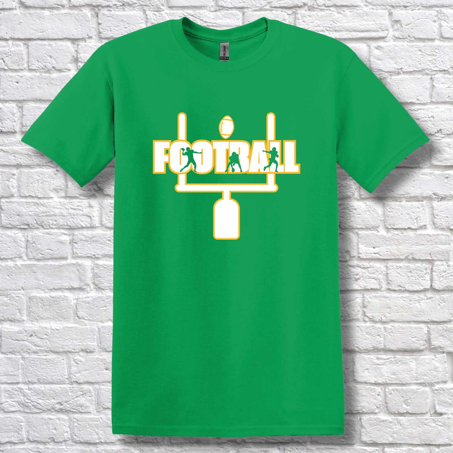 Green t-shirt with 'FOOTBALL' design on a white brick wall background