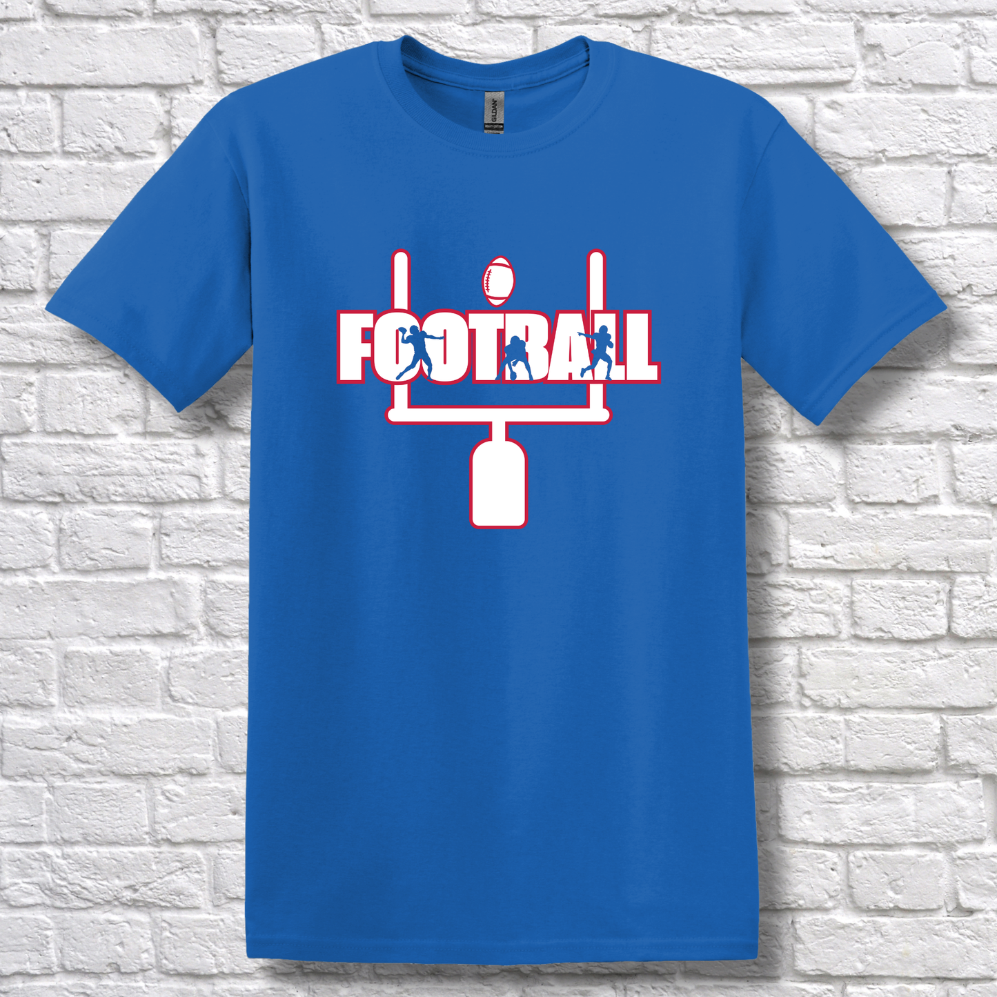 Blue t-shirt with football graphic design on a white brick wall background