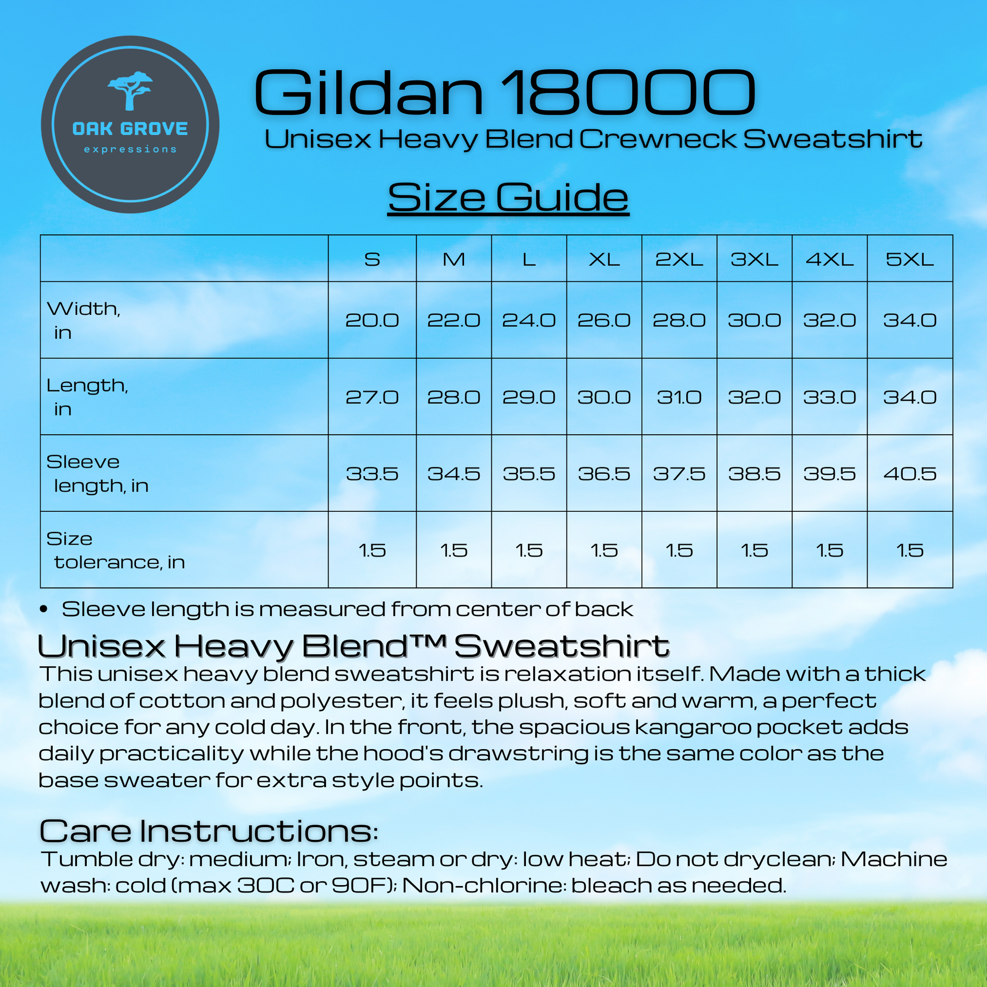 Gildan 18000 Unisex Heavy Blend Crewneck Sweatshirt size guide with specifications and care instructions.