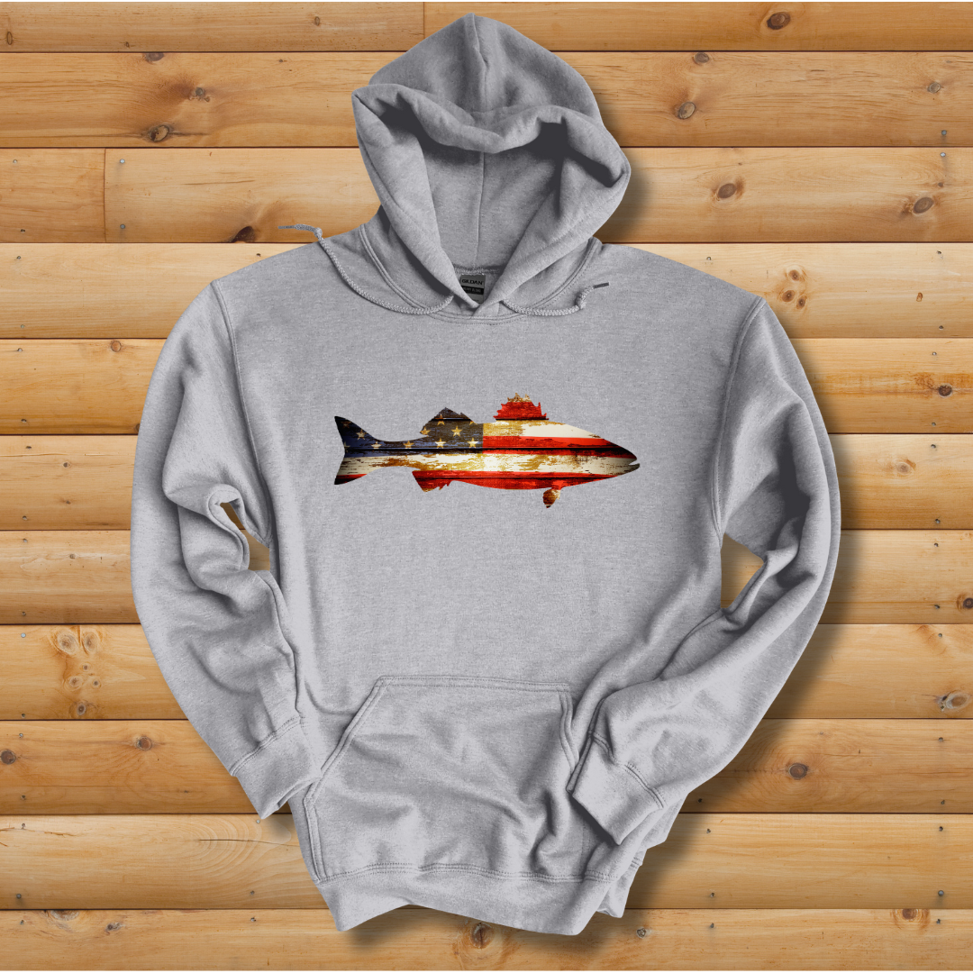 This is image of  Distressed Bass Flag Long-Sleeve Hoodie version 1