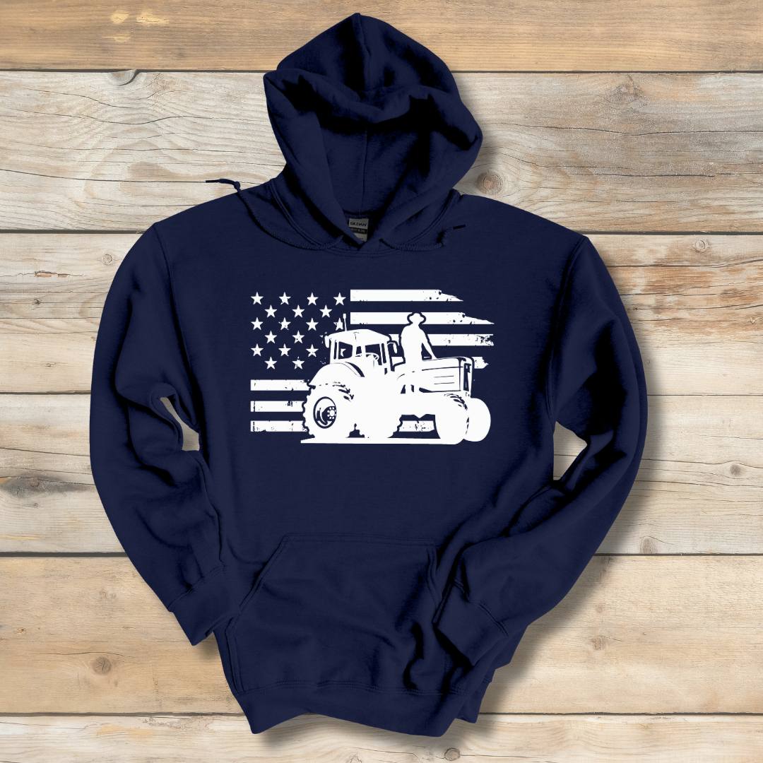 USA Tractor, Distressed Flag Long-Sleeve Hoodie | Farmer Gift