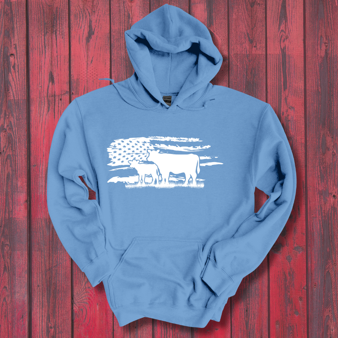 USA Cow Distressed Flag Long-Sleeve Hoodie | Gift Ideas for Farmers