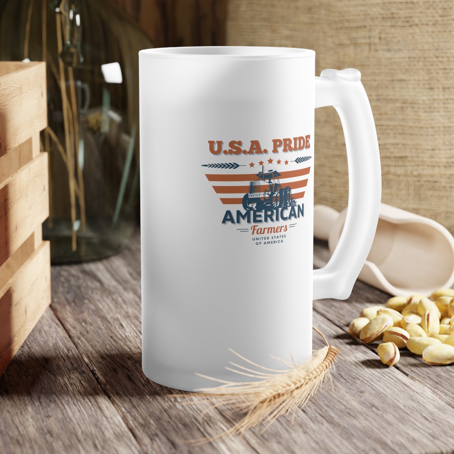 Frosted Glass Beer Mug - USA Pride American Farmers