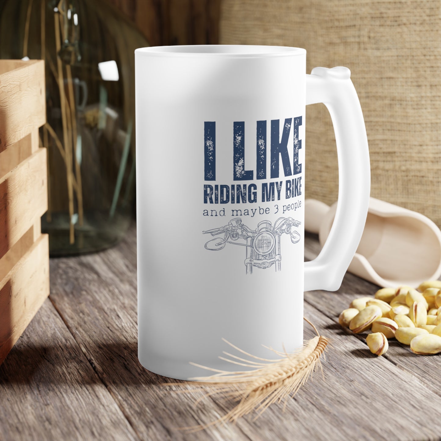 Frosted Glass Beer Mug - I Like Riding My Bike