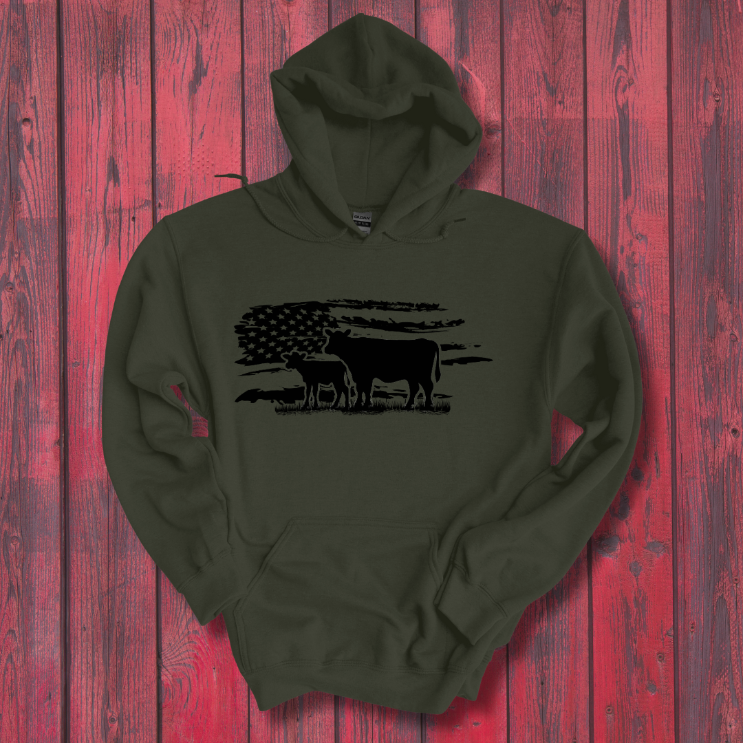 USA Cow Distressed Flag Long-Sleeve Hoodie | Gift Ideas for Farmers