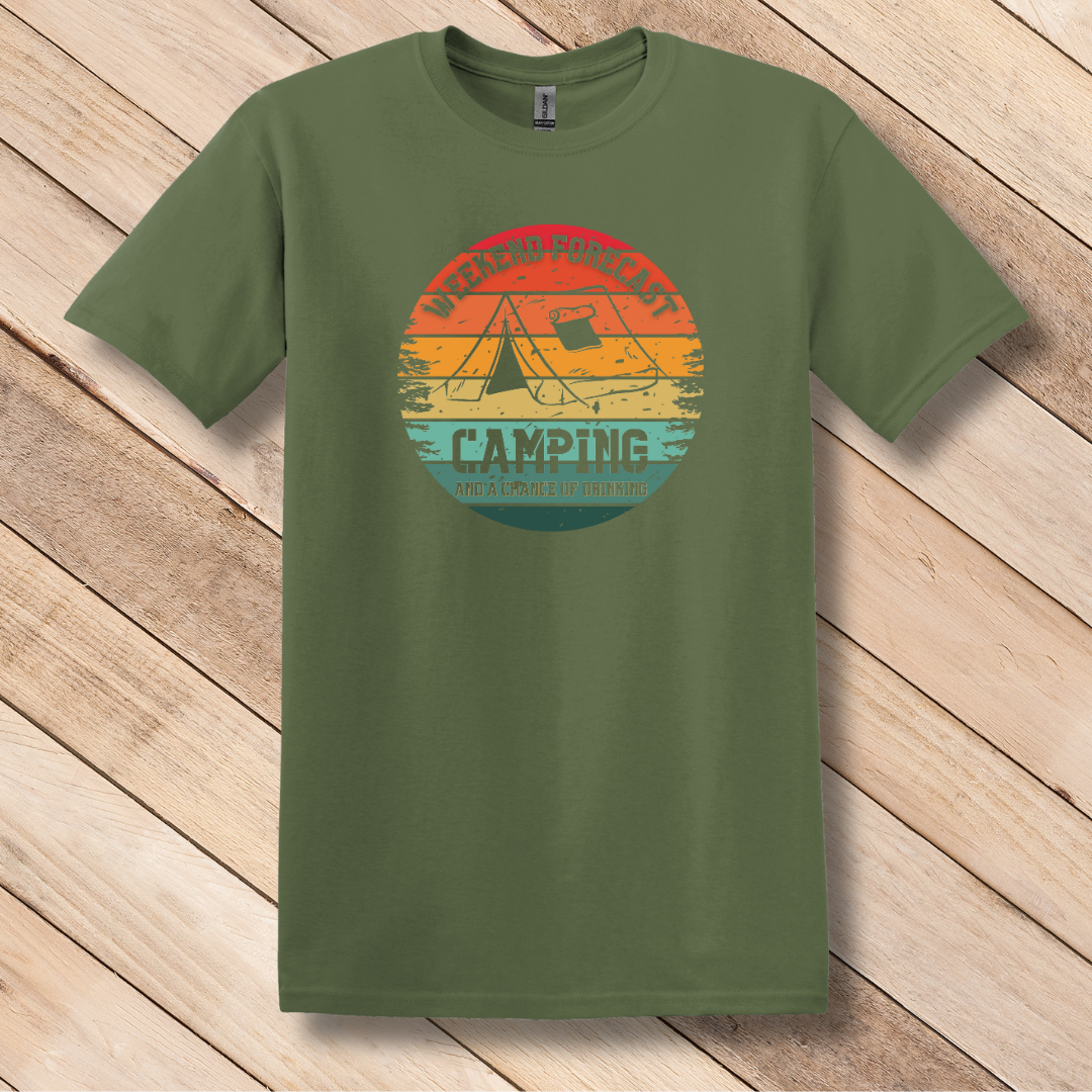 This is image of  Weekend Forecast Camping Chance of Drinking T-Shirt version 1