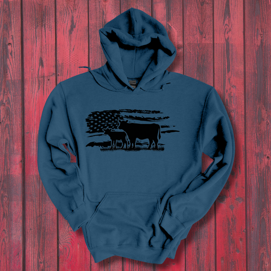 USA Cow Distressed Flag Long-Sleeve Hoodie | Gift Ideas for Farmers