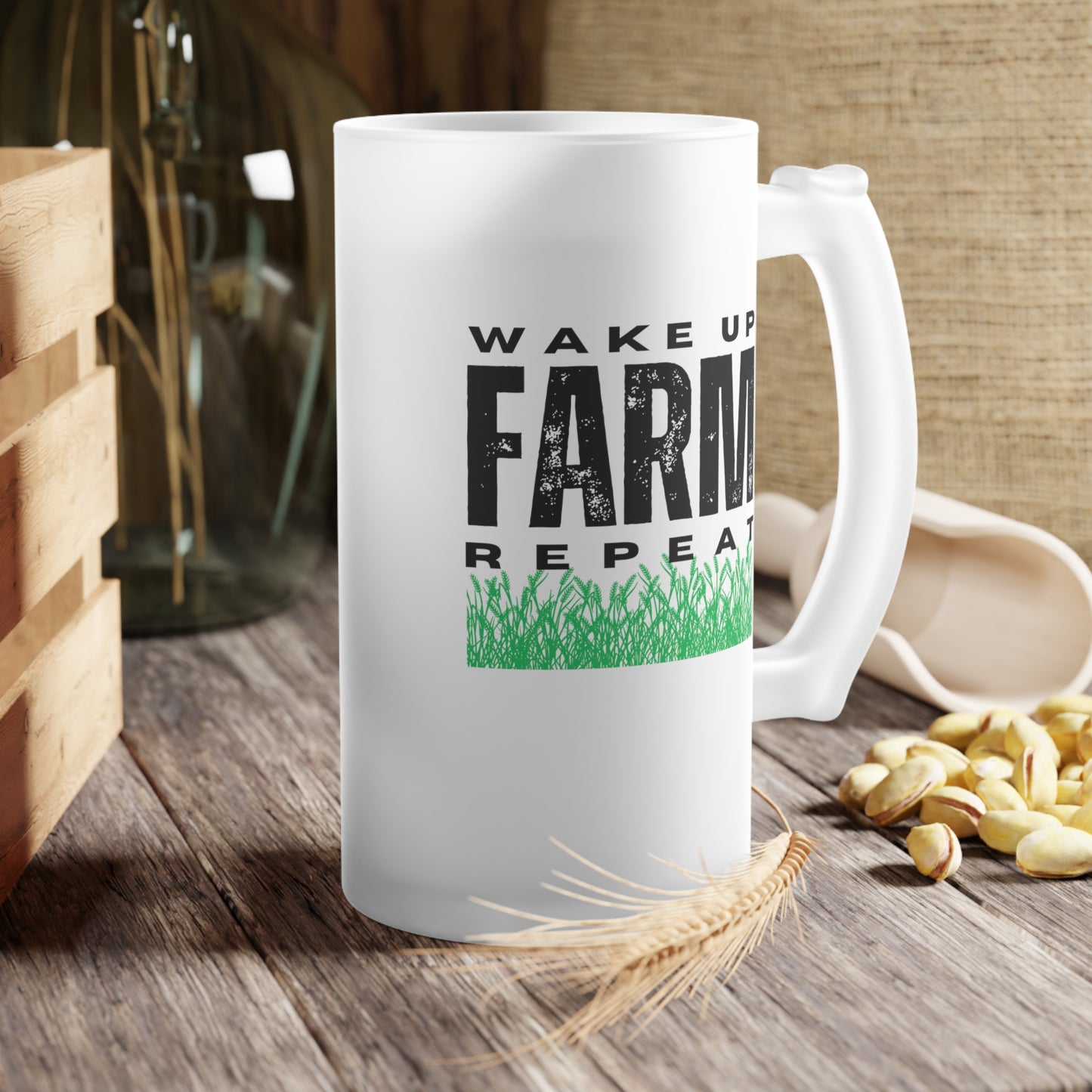Frosted Glass Beer Mug - Wake Up Farm Repeat
