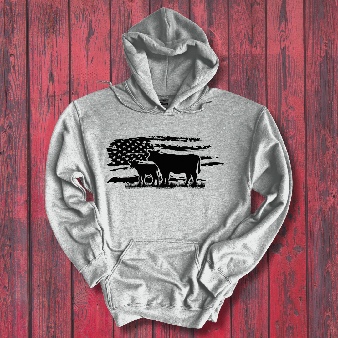 USA Cow Distressed Flag Long-Sleeve Hoodie | Gift Ideas for Farmers