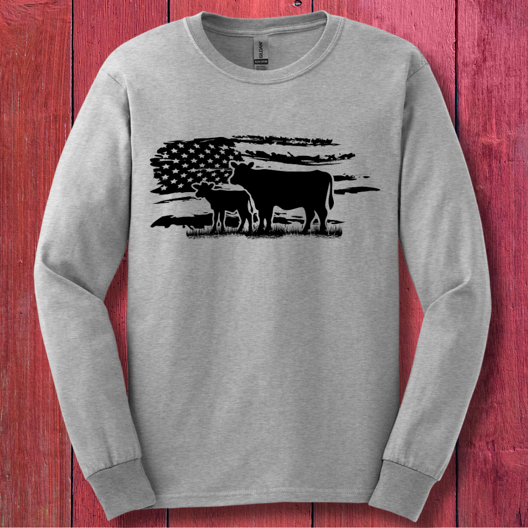 USA Cow Distressed Flag Long Sleeve Tee