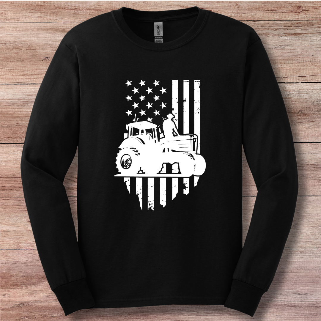 USA Tractor, Distressed Flag Long Sleeve Tee | Farmer Gift