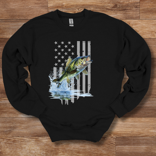 Largemouth Bass with Distressed Flag Sweatshirt | Fishing Shirt