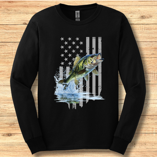 Largemouth Bass with Distressed Flag Long Sleeve Tee | Fishing Shirt