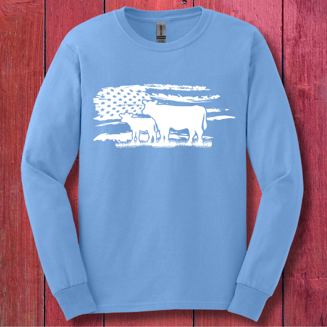 USA Cow Distressed Flag Long Sleeve Tee