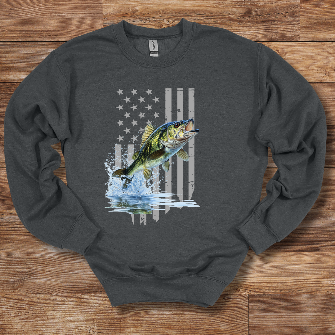 Largemouth Bass with Distressed Flag Sweatshirt | Fishing Shirt