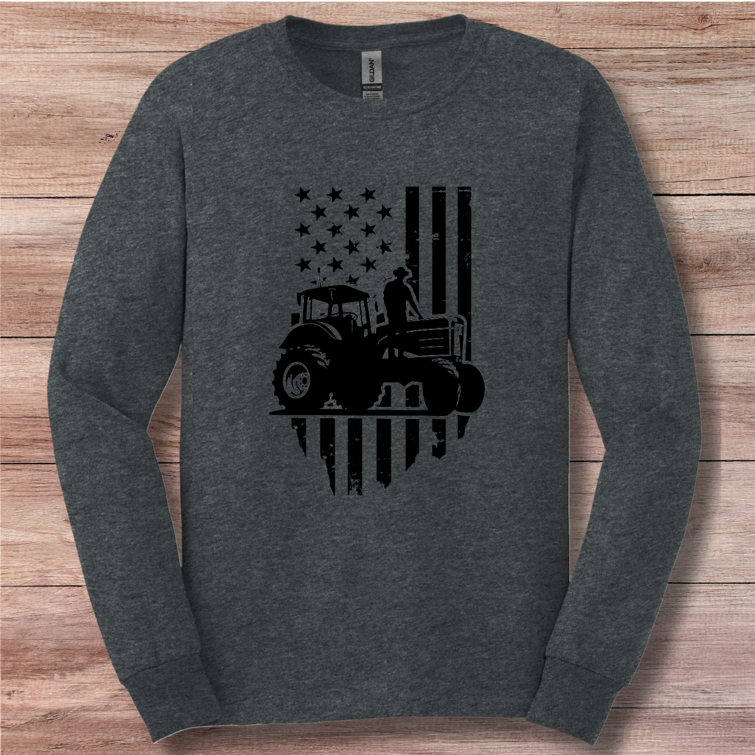 USA Tractor, Distressed Flag Long Sleeve Tee | Farmer Gift