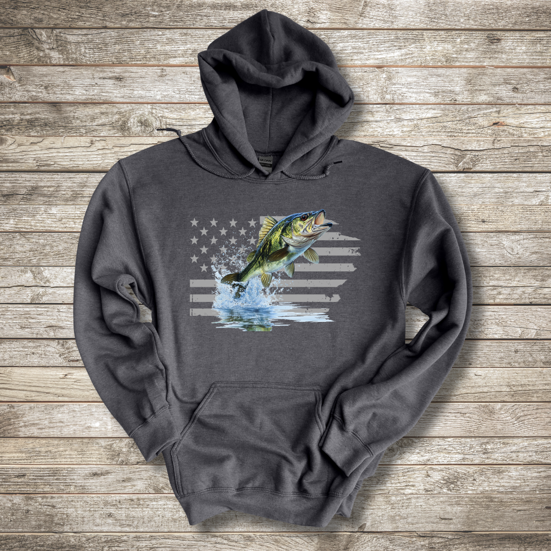 Largemouth Bass with Distressed Flag Hoodie | Fishing Gifts for Men