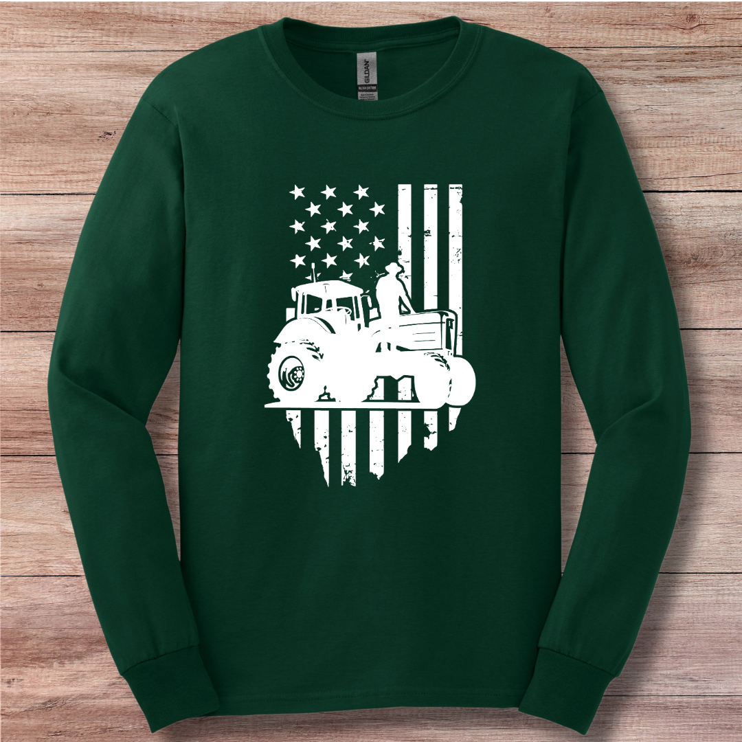 USA Tractor, Distressed Flag Long Sleeve Tee | Farmer Gift