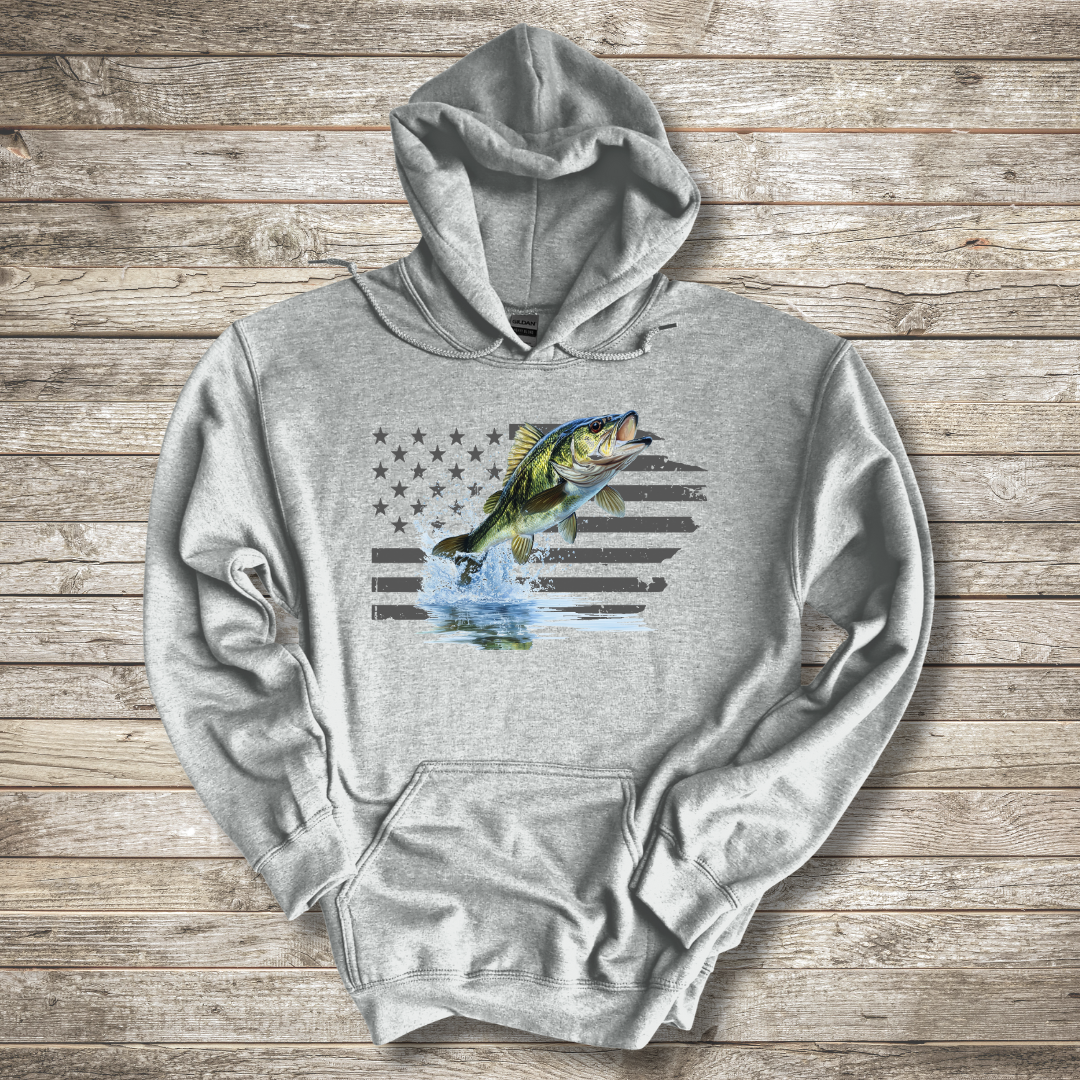 Largemouth Bass with Distressed Flag Hoodie | Fishing Gifts for Men