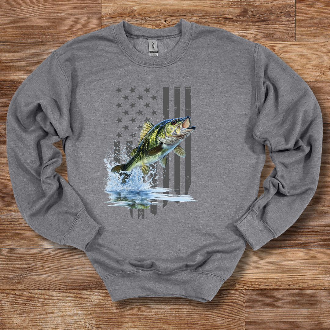 Largemouth Bass with Distressed Flag Sweatshirt | Fishing Shirt