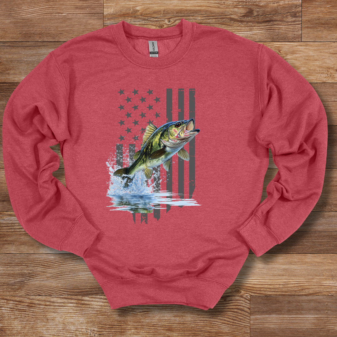 Largemouth Bass with Distressed Flag Sweatshirt | Fishing Shirt