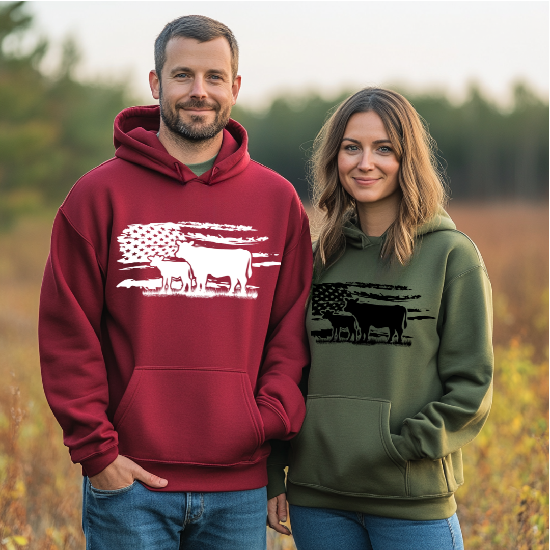 USA Cow Distressed Flag Long-Sleeve Hoodie | Gift Ideas for Farmers