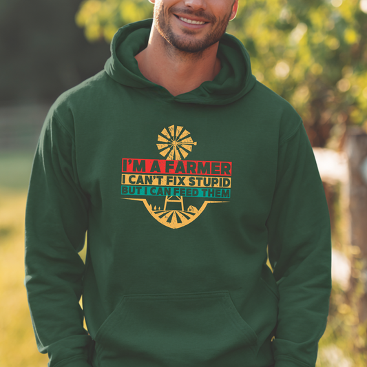 Man wearing a green hoodie with a humorous farmer graphic and text.