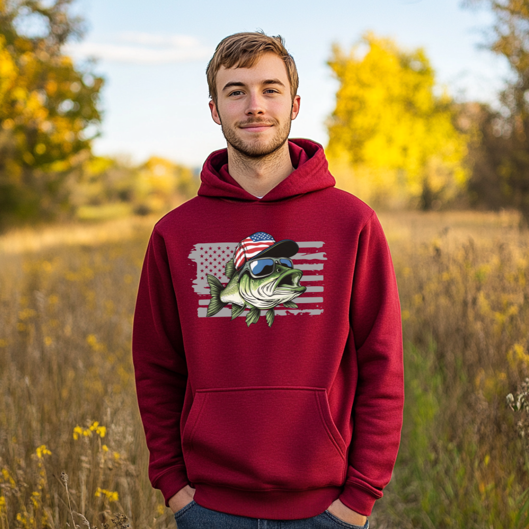 Patriotic Bass Long-Sleeve Hoodie | Funny Fishing Shirts