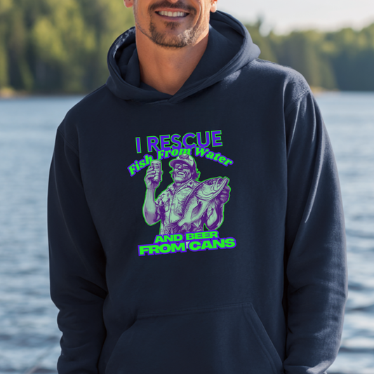 Man wearing a navy hoodie with a graphic design by a lake