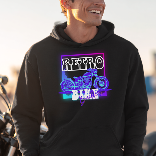 Person wearing a black hoodie with a retro bike graphic design.