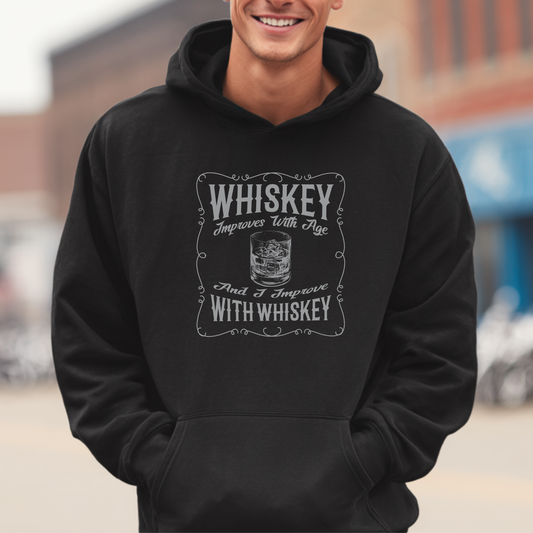Person wearing a black hoodie with a whiskey-themed graphic and text.