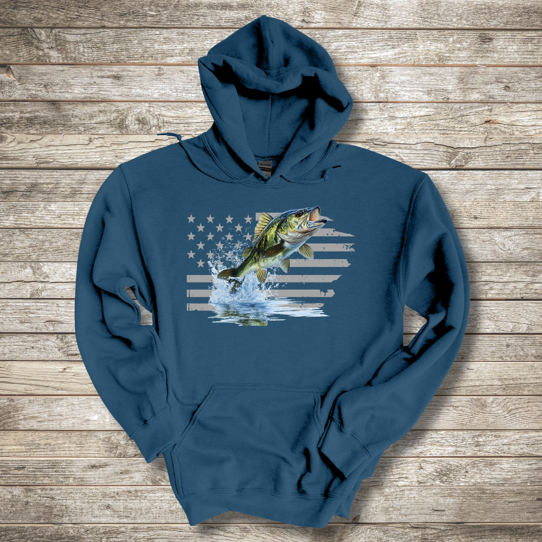 Largemouth Bass with Distressed Flag Hoodie | Fishing Gifts for Men