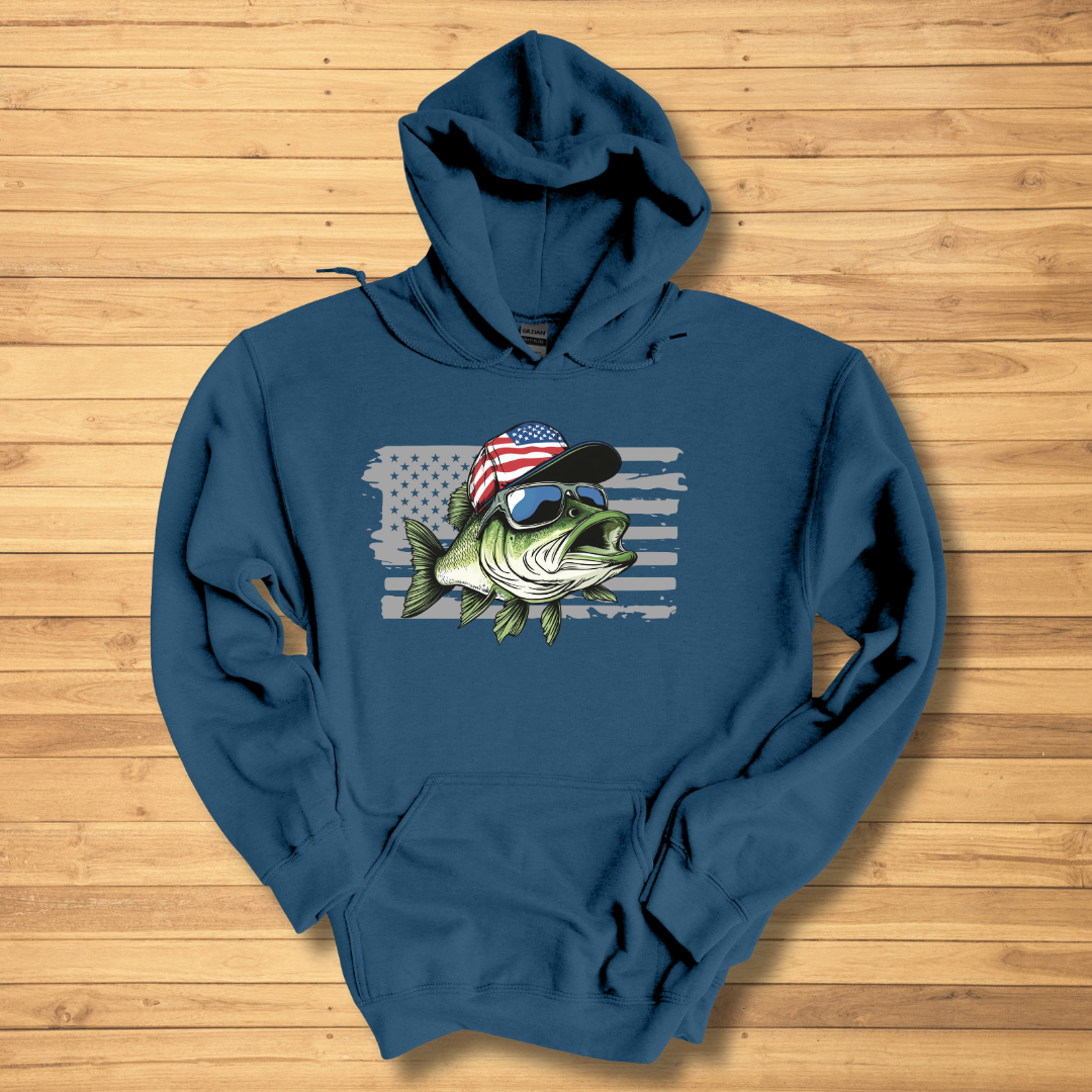 Patriotic Bass Long-Sleeve Hoodie | Funny Fishing Shirts