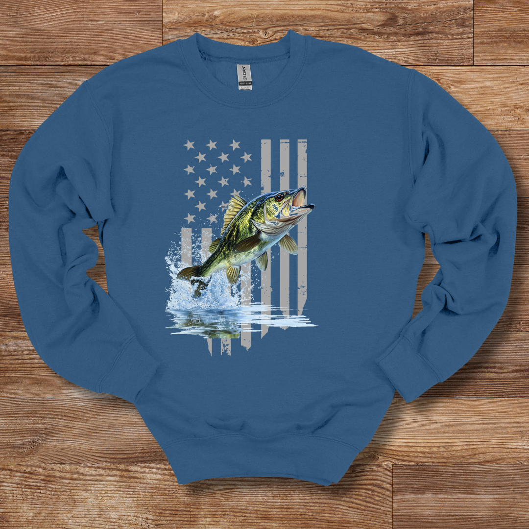 Largemouth Bass with Distressed Flag Sweatshirt | Fishing Shirt