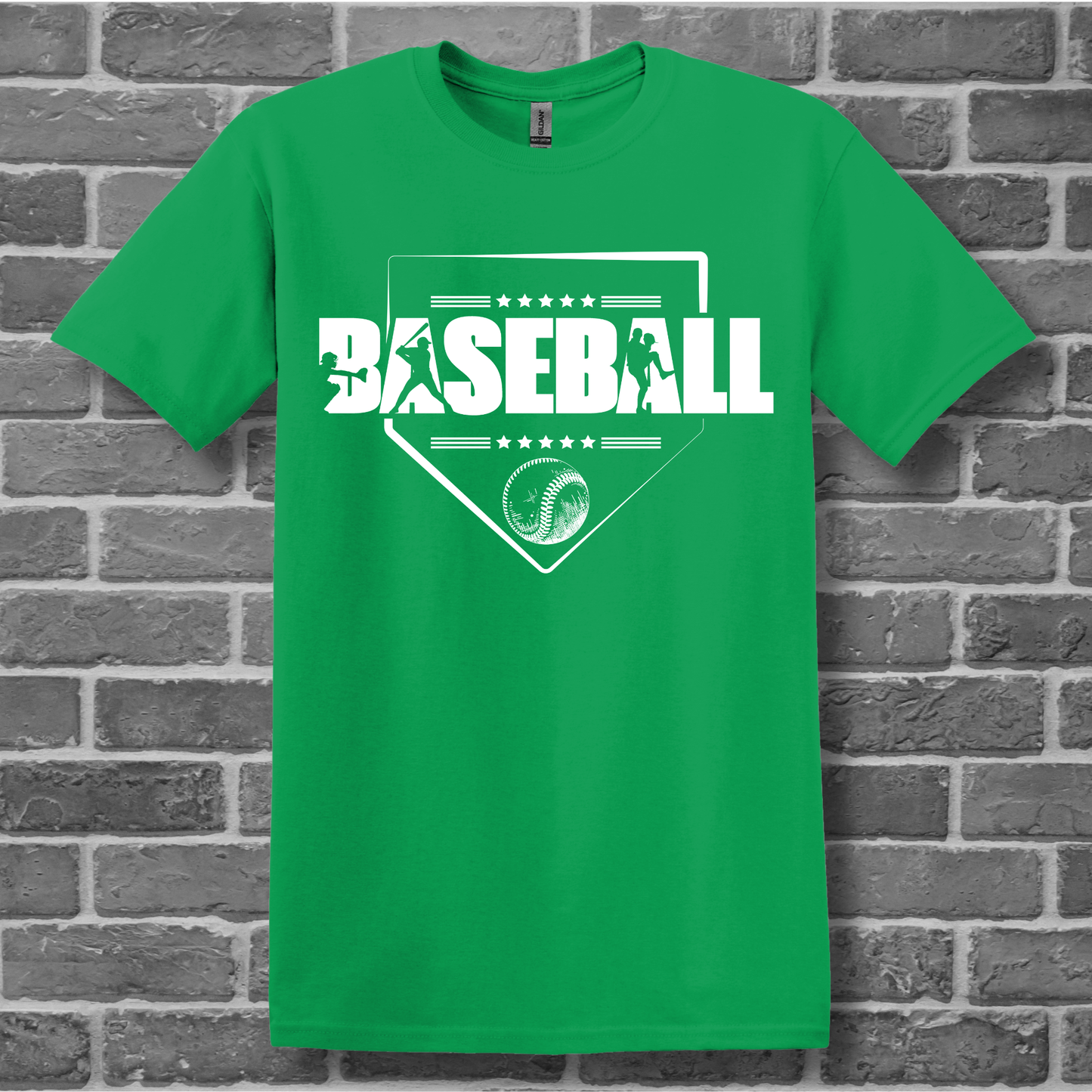 Green t-shirt with 'BASEBALL' design on a brick wall background