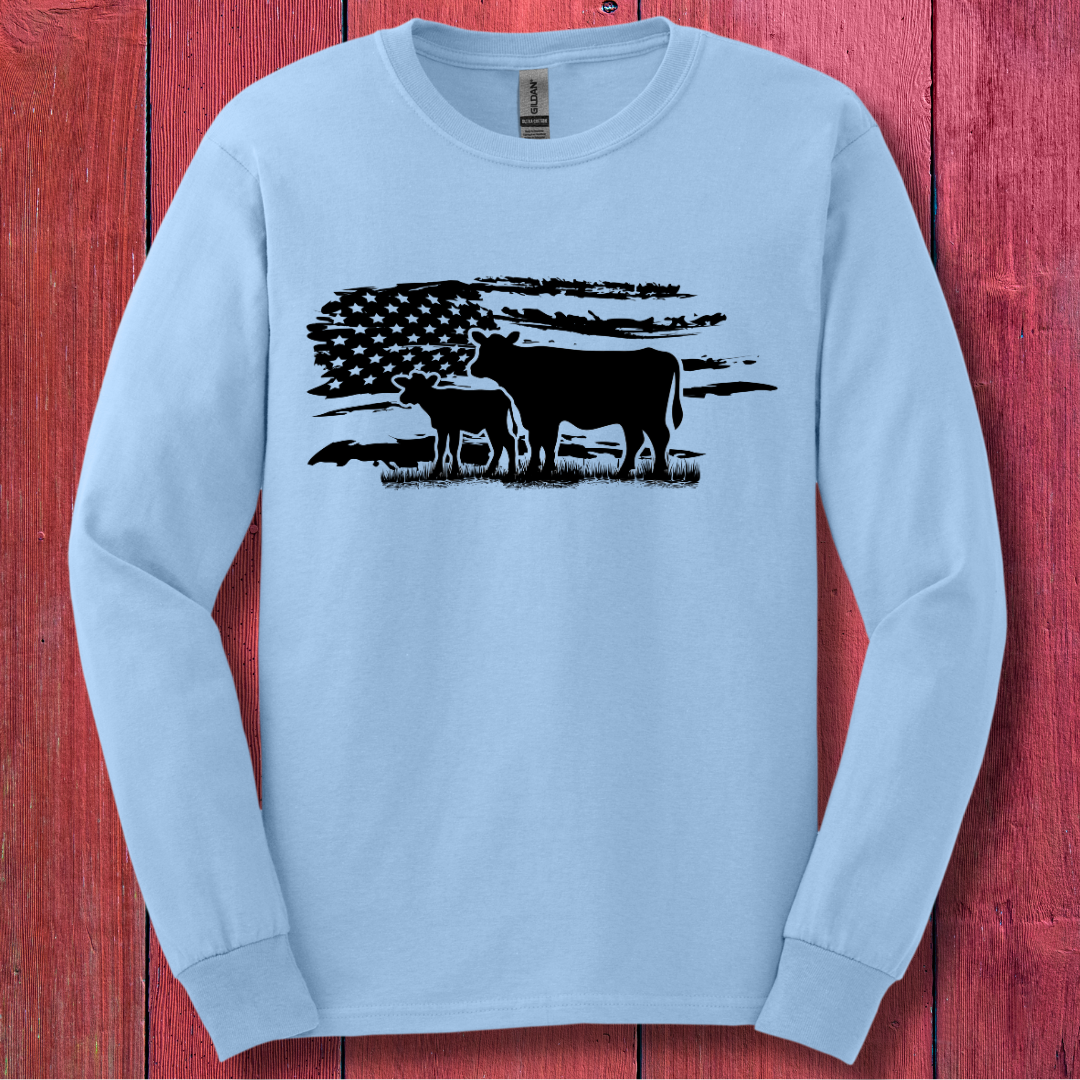 USA Cow Distressed Flag Long Sleeve Tee | Farmer Gift