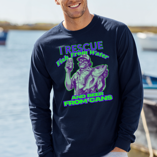 Person wearing a navy blue sweatshirt with a graphic design and text by a water body.